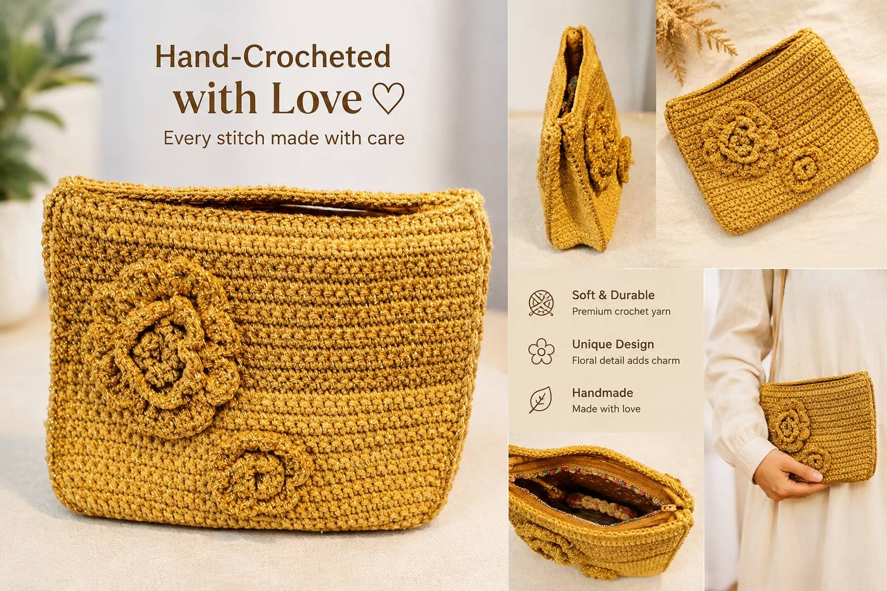 Hand-Crocheted Floral Accent Bag - Golden Mustard Clutch
